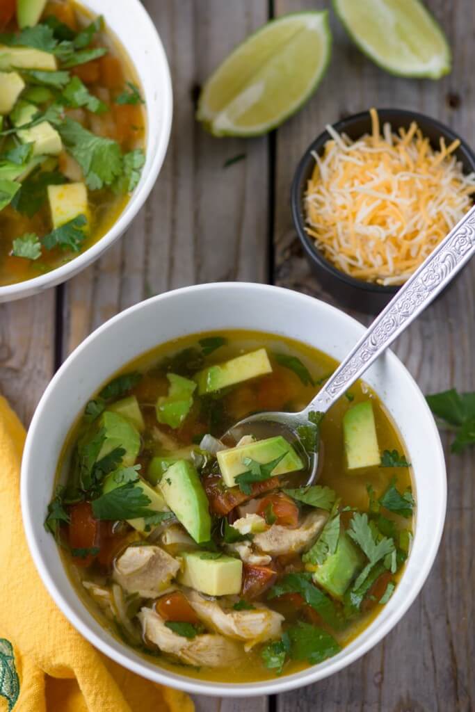 Chicken avocado lime soup. Delicious, nutritious, colorful and light soup. Perfect for spring and summer.