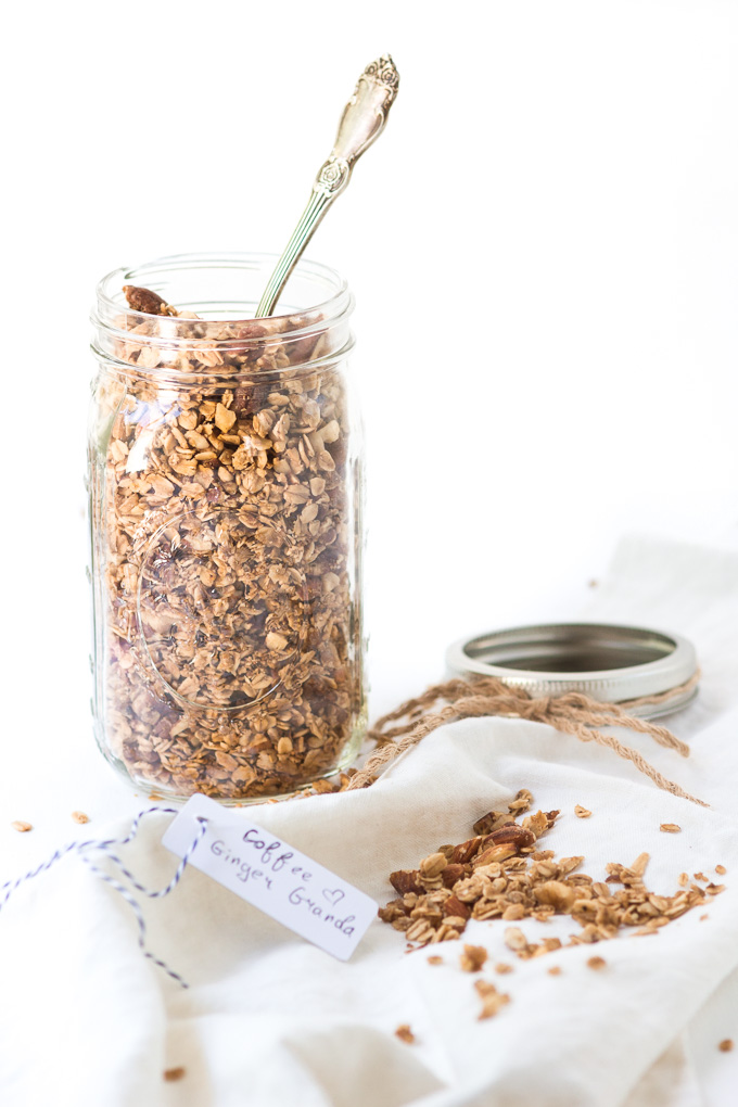 Homemade coffee granola with winter spices is the perfect way to start your day. This granola is like eating a slice of a gingerbread with the cup of freshly brewed coffee, but a lot healthier.