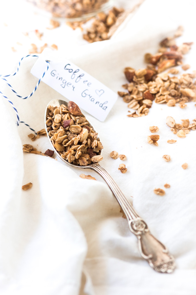 Homemade coffee granola with winter spices is the perfect way to start your day. This granola is like eating a slice of a gingerbread with the cup of freshly brewed coffee, but a lot healthier.