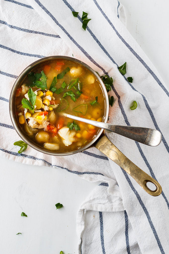 Healthy Cod and Corn Chowder recipe. Super quick and easy fish soup to make. Minimum ingredients and cooking steps and maximum nutrition goodies!