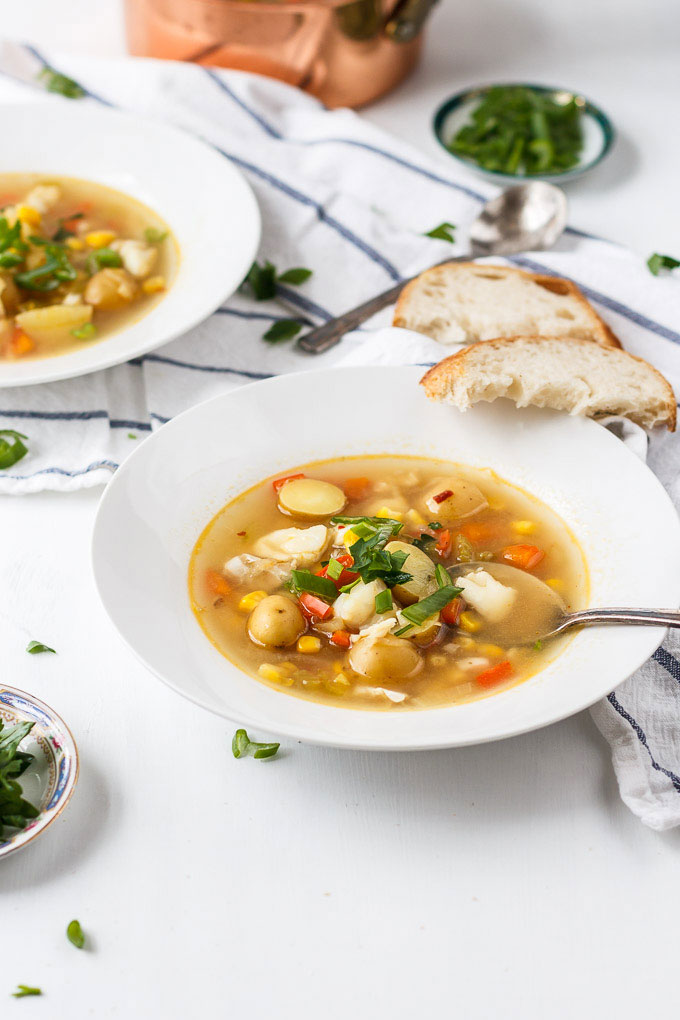 Healthy Cod and Corn Chowder recipe. Super quick and easy fish soup to make. Minimum ingredients and cooking steps and maximum nutrition goodies!