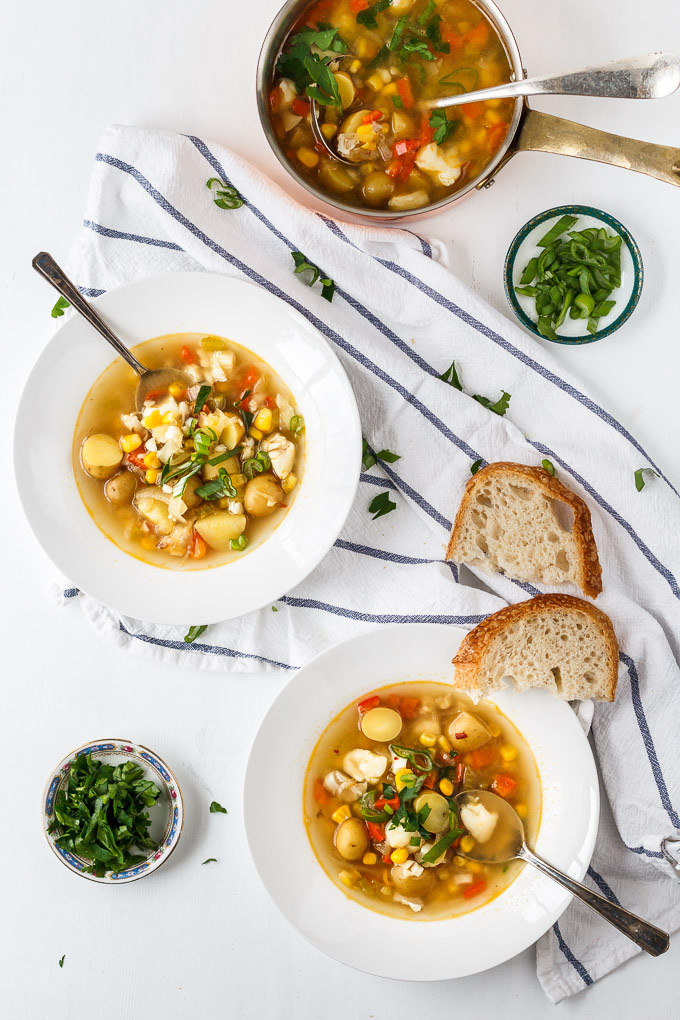 Healthy Cod and Corn Chowder recipe. Super quick and easy fish soup to make. Minimum ingredients and cooking steps and maximum nutrition goodies!