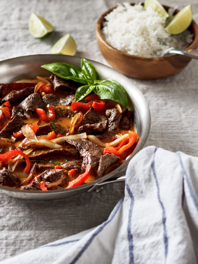 This 20 minute Light and Easy Thai red curry beef dinner is a perfect alternative to a take-out. With the simple ingredients in no time, you will have a fragrant exotic dinner on your table.