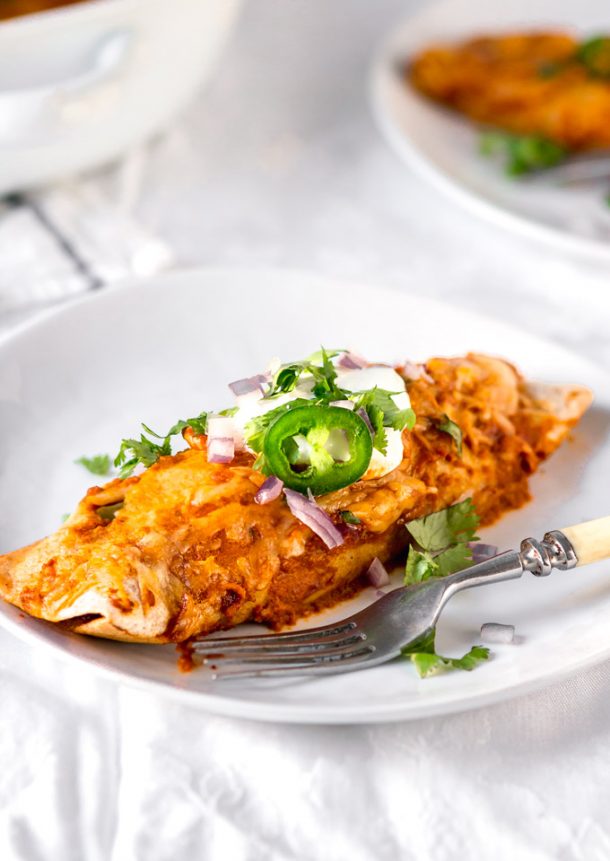 Rotisserie chicken enchiladas with a simple enchilada sauce (EASY