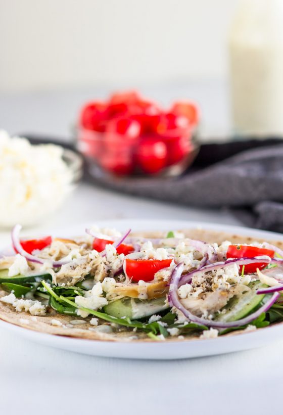 This Rotisserie chicken wrap with Greek yogurt dressing is a saver for busy weeks. When you work too many hours and don’t have enough energy to prep meals this chicken wrap will save your day. It is super easy to make, includes light and healthy ingredients, and you need about 10 minutes to put everything together! #chicken #wrap #rotisseriechicken