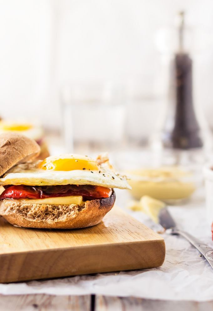 Fried Egg, Prosciutto, and Red Pepper Jam Breakfast Sandwich