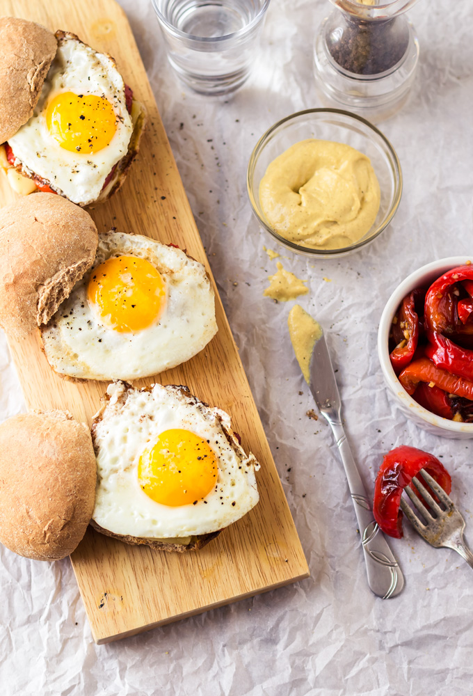 Fried Egg, Prosciutto, and Red Pepper Jam Breakfast Sandwich