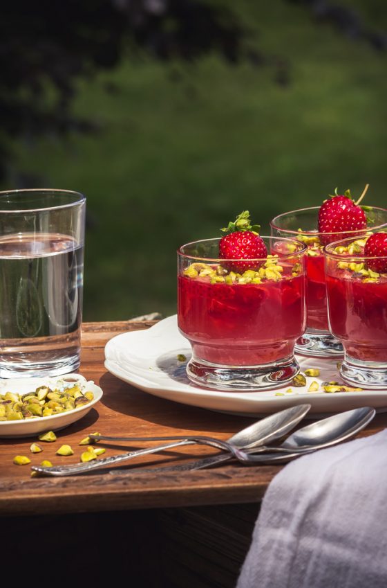 Today I want to share with you the fragrant rosé wine and strawberry gelee recipe. Perfect summer dessert that combines two delicious things: fresh seasonal strawberries and tasty rosé wine. Make it for parties, guests, on hot summer days or enjoy it anytime you want. For sure these rose wine gelee will bring some joy and fun! #strawberry #rosewine #dessert #gelee