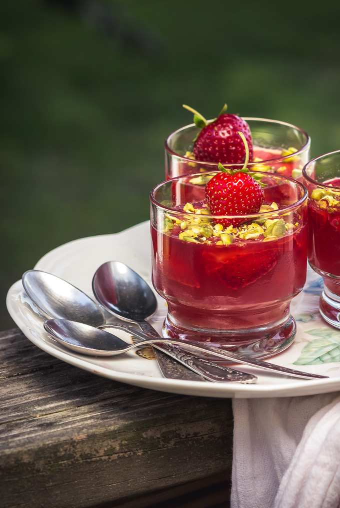 Rosé Wine and Strawberry Gelee with Pistachios